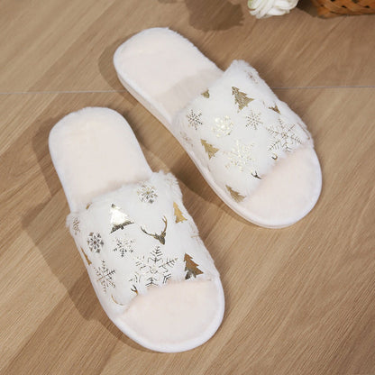 Christmas Plush Slippers Fashion Open - toed Home Slipper Indoor Warm Non - slip Floor Bedroom House Shoes For Couples Women Men - 4 - Scribble Snacks