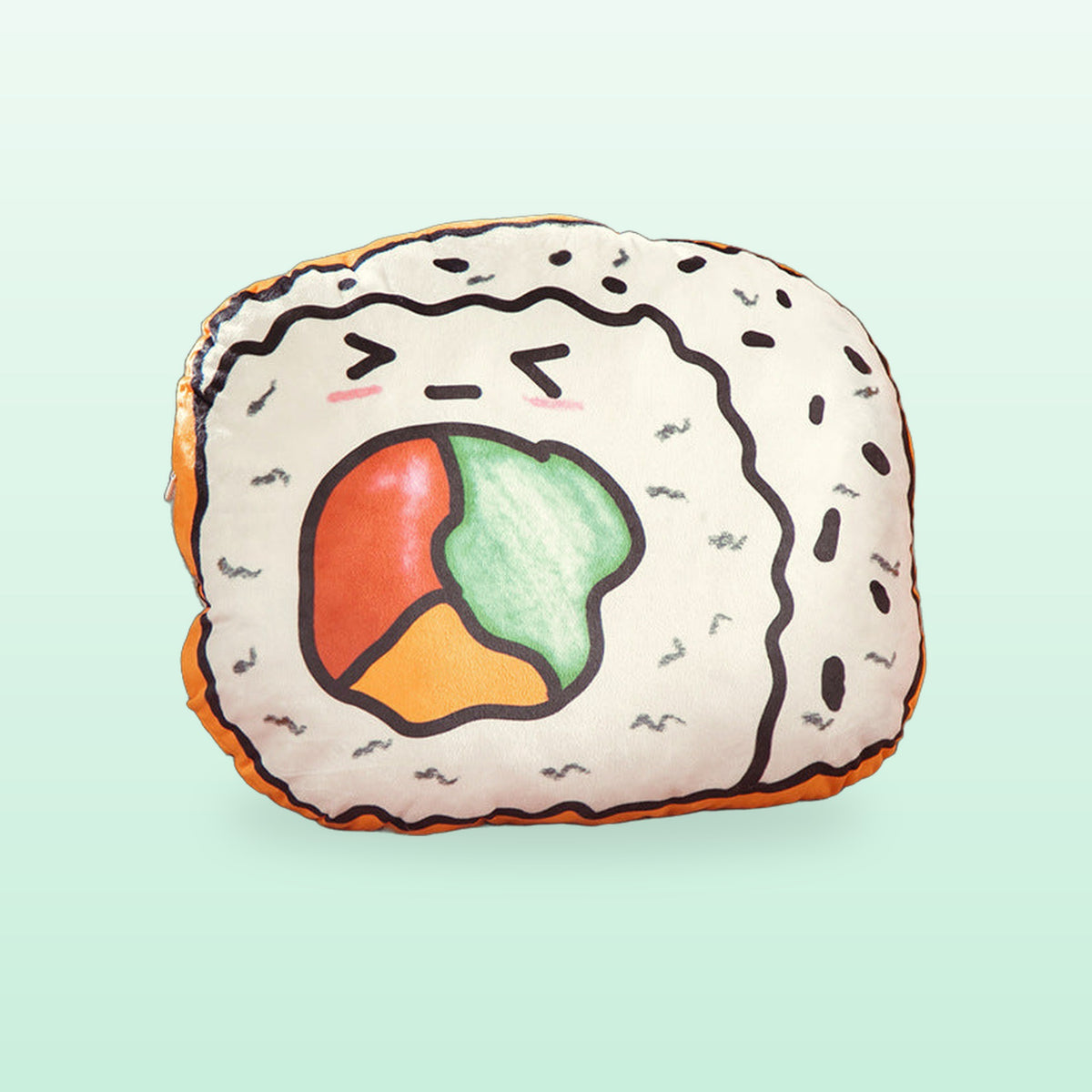 Sushi roll plush cushion with a cartoon face and colourful filling, on a mint background