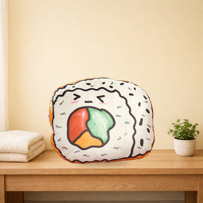 Sushi roll plush cushion propped on a light oak console table