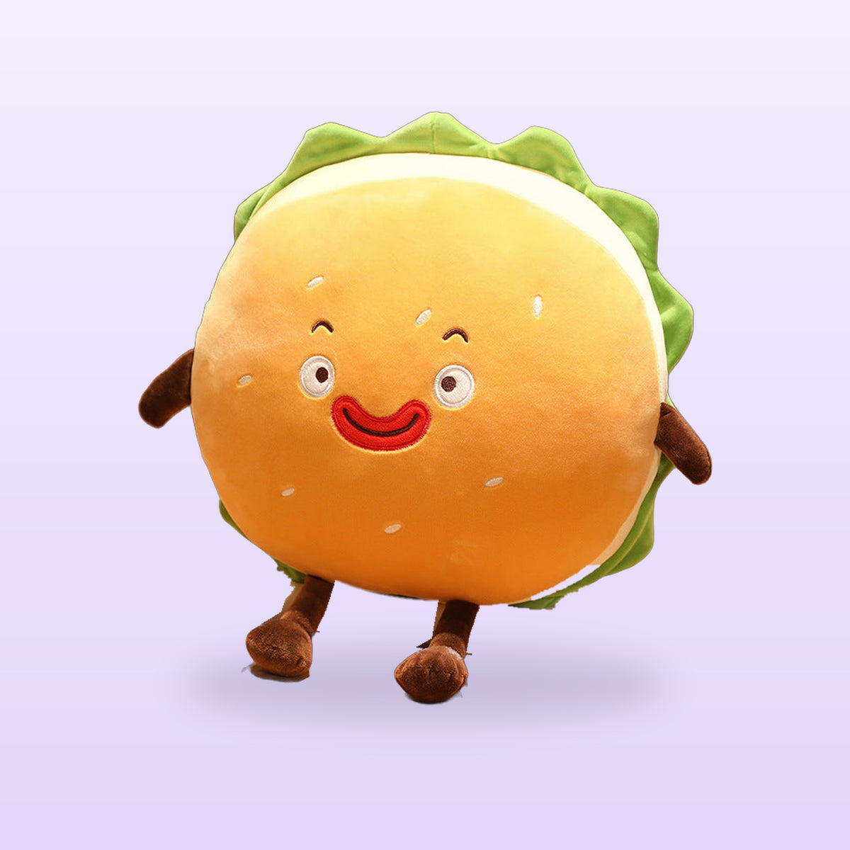 Winking burger plush cushion with lettuce and little brown legs, on a soft lilac background
