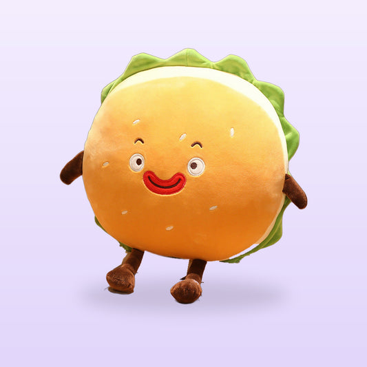 Winking burger plush cushion with lettuce and little brown legs, on a soft lilac background