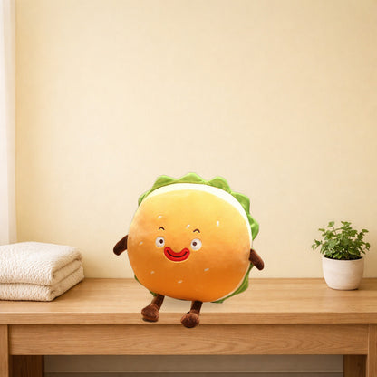 Winking burger plush cushion sitting on a light oak bench