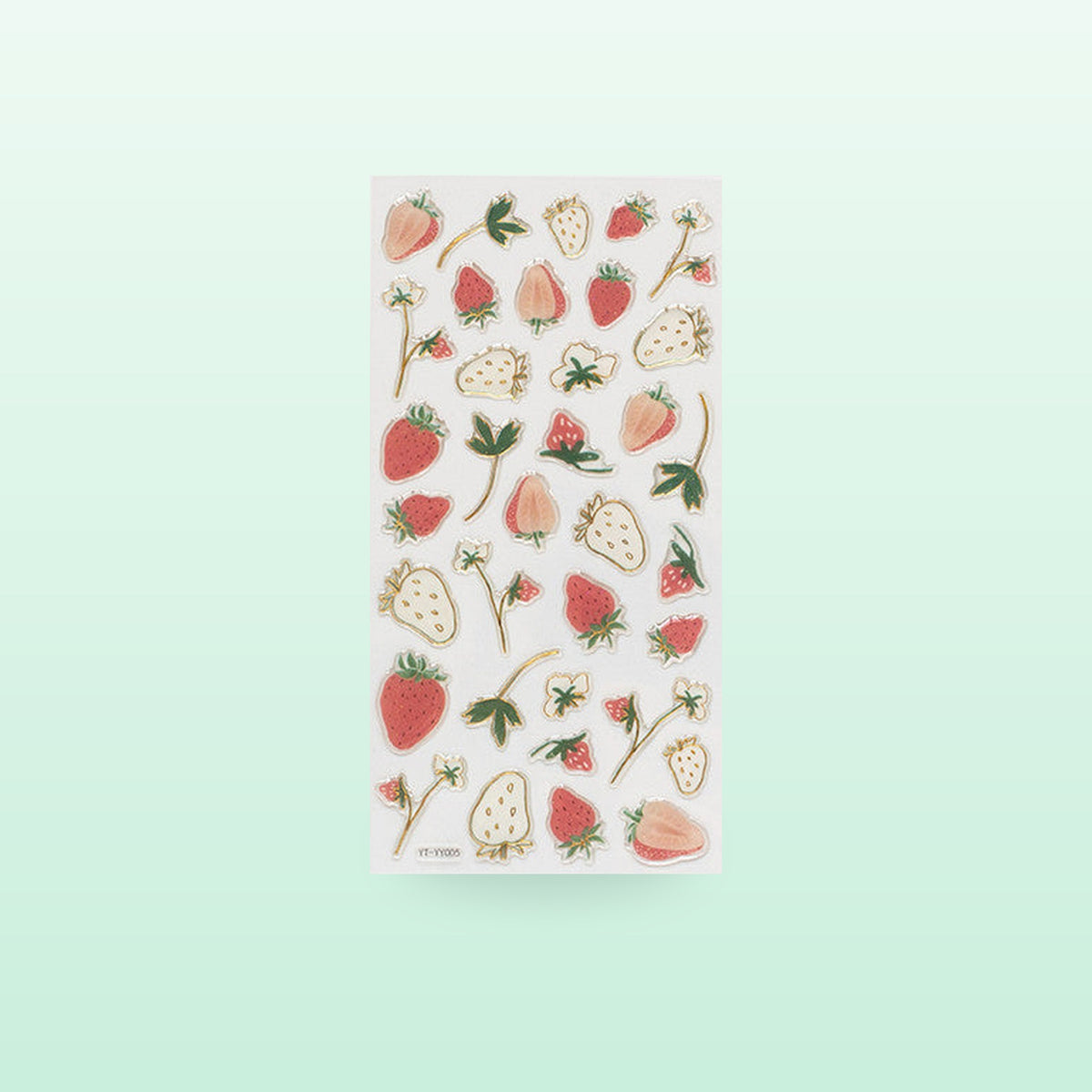 Strawberry metallic fruit sticker sheet with red and white berries and gold edges, on a soft mint background