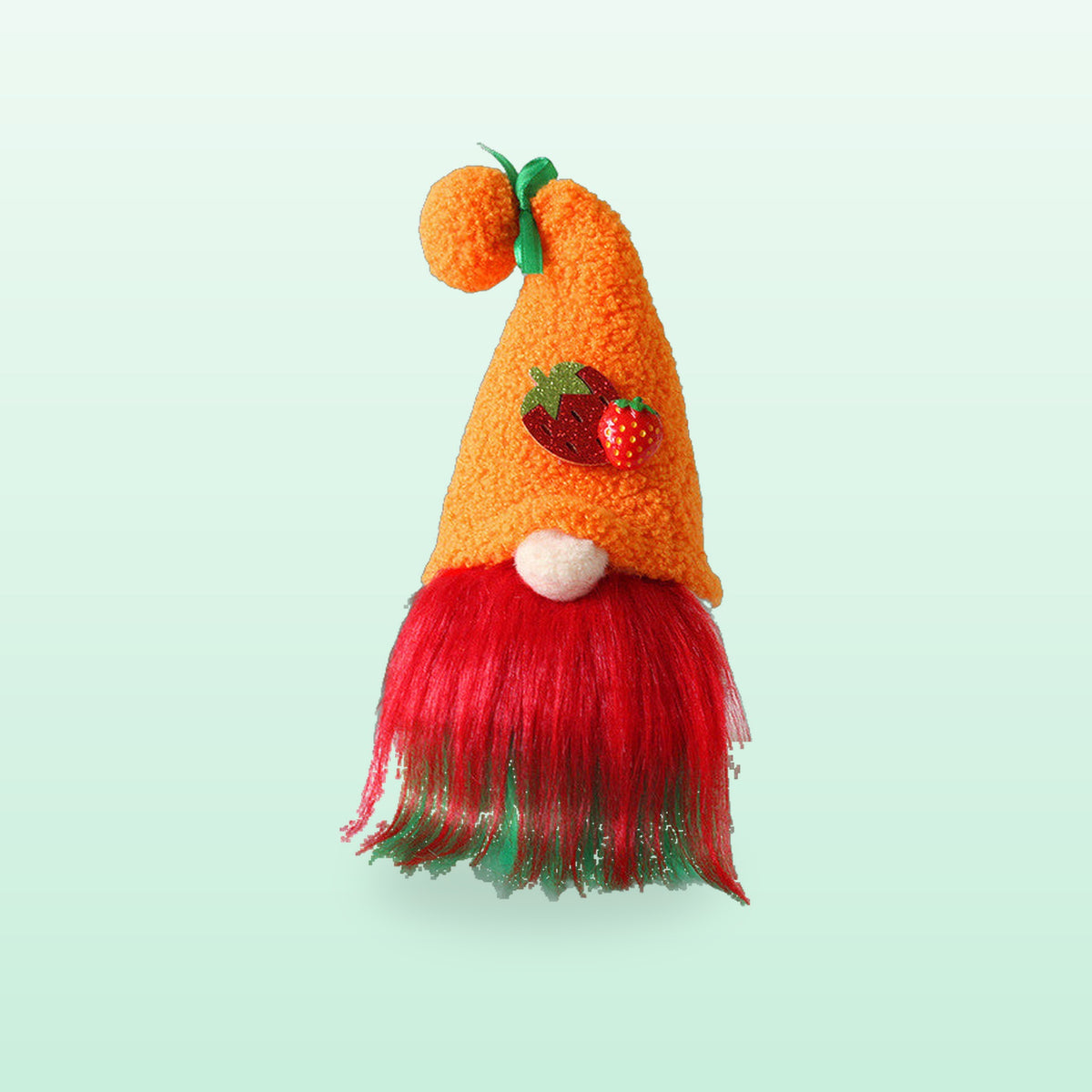 Strawberry plush gnome with an orange hat and a red to green beard, on a mint background