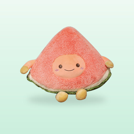 Smiling watermelon slice plush with little arms and legs on a mint background
