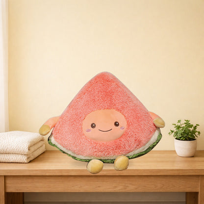 Watermelon slice plush sitting on an oak bench in a pastel bedroom