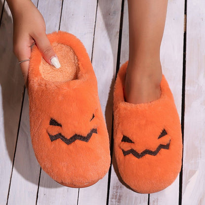 Cute Halloween Pumpkin Slippers Winter Warm Plush Bedroom Floor Home Slippers Casual Slip On Comfortable Cozy Indoor House Shoes - 4 - Scribble Snacks