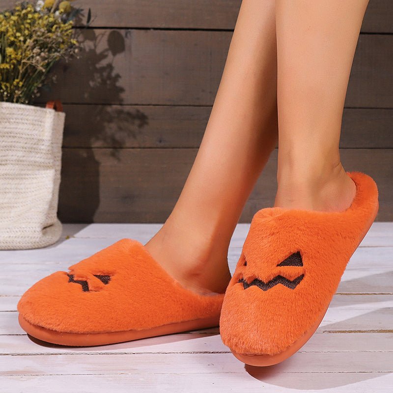 Cute Halloween Pumpkin Slippers Winter Warm Plush Bedroom Floor Home Slippers Casual Slip On Comfortable Cozy Indoor House Shoes - 4 - Scribble Snacks