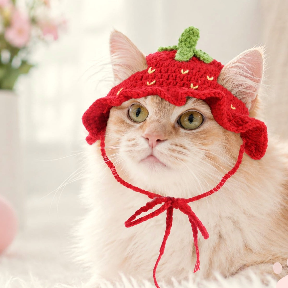 Ginger cat wearing the red crochet strawberry hat tied under the chin