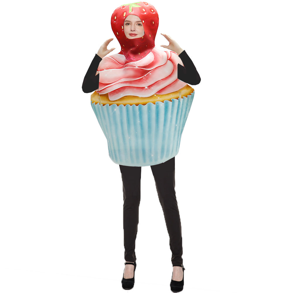 A grown-up dressed as a pink-iced strawberry cupcake food costume