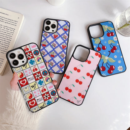 Cherry Blossom Fruit iPhone Case featuring a pink design with cherry illustrations and a glossy finish.