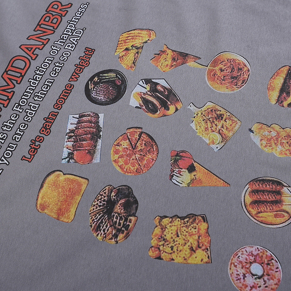 Grey T-shirt featuring a colourful BBQ food print, including burgers, pizza, ice cream, and grilled meats.