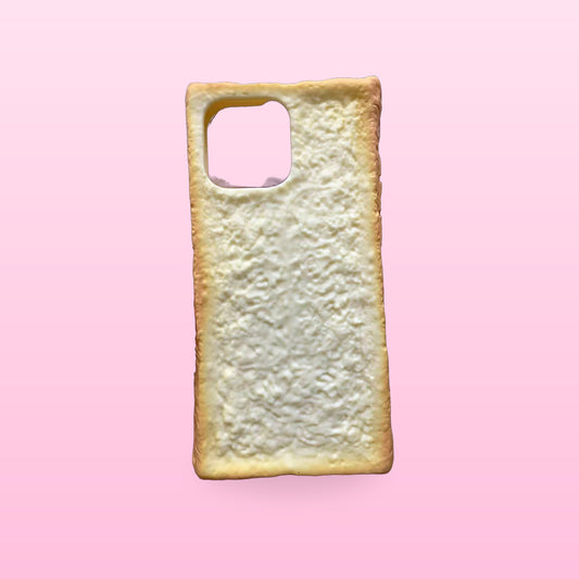Toast phone case: 3D bread slice iPhone case with a golden crust, back view, on a bubblegum pink background