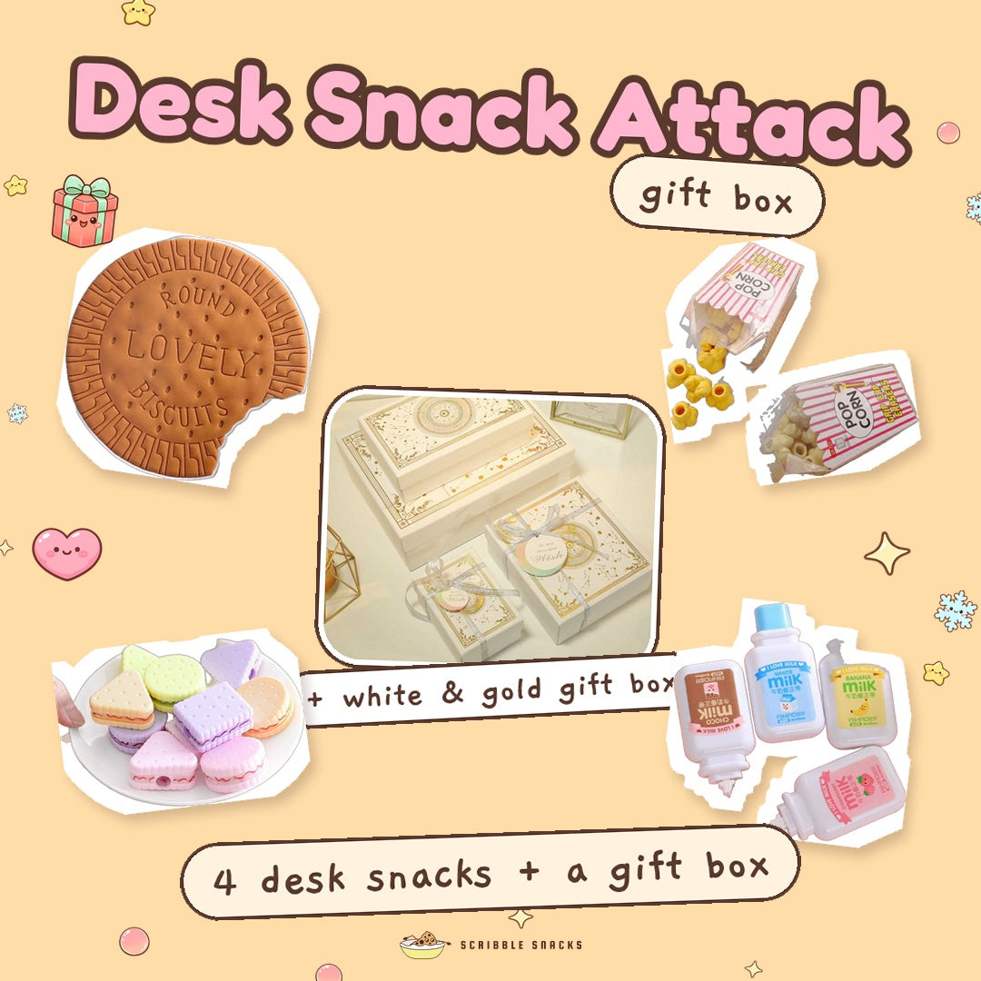 Desk Snack Attack Gift Box by Scribble Snacks: four real items and a white and gold gift box