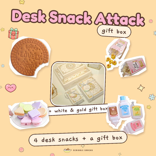 Desk Snack Attack Gift Box by Scribble Snacks: four real items and a white and gold gift box