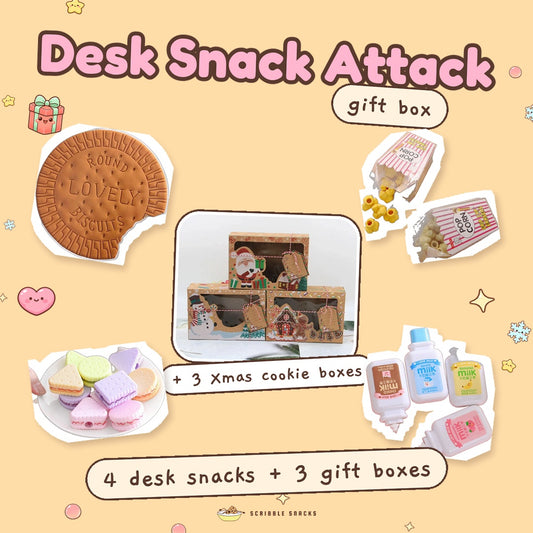 Desk Snack Attack Gift Box by Scribble Snacks: four real items and 3 Christmas cookie gift boxes