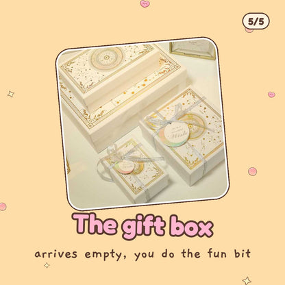 The white and gold gift box with lid (supplier photo; ribbon and tag styling not included), arrives empty