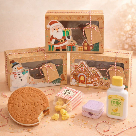 Desk Snack Attack Gift Box: biscuit memo pad, popcorn erasers, cookie sharpener and milk bottle correction tape with 3 Christmas kraft gift boxes (styled photo; boxes arrive flat and empty)