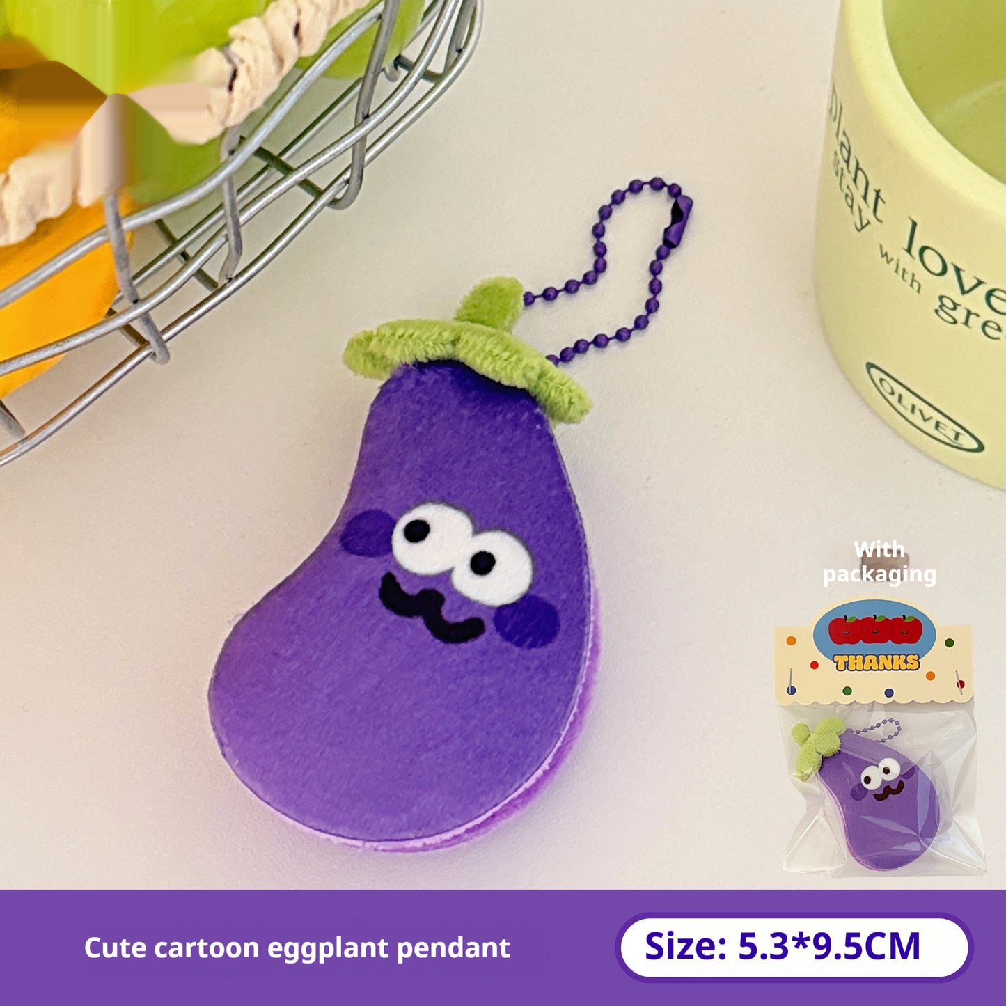One purple eggplant plush keychain with green stem, purple bead chain, white eyes and black mouth.
