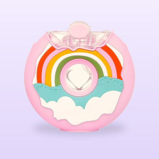 Rainbow pink donut kids straw bottle with a rainbow and clouds, on a lilac background
