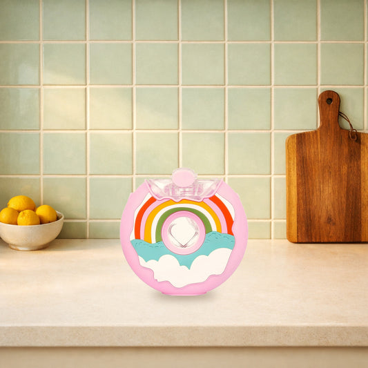 Rainbow pink donut kids straw bottle standing on a kitchen worktop