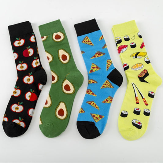 Four crew socks on white: black apples, green avocados, blue pizza slices, yellow sushi with chopsticks.