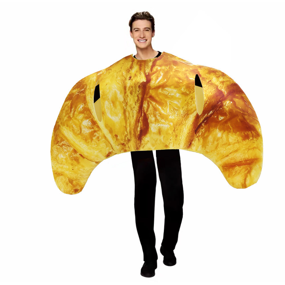 A grown-up wearing a giant golden croissant tunic food costume