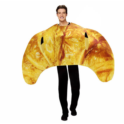A grown-up wearing a giant golden croissant tunic food costume