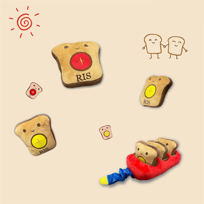 Plush dog toy set featuring slices of bread with cute faces, a red button, and a soft boat design in vibrant colours.