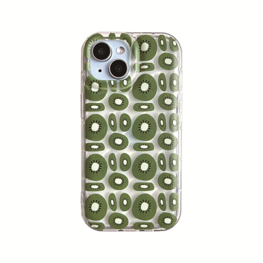 Single clear phone case patterned with repeated green kiwi slices on a light-blue phone, dual cameras visible.