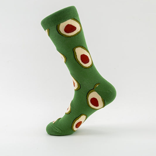 One green crew sock with repeating avocado-half prints (cream centres, brown pits), displayed upright.