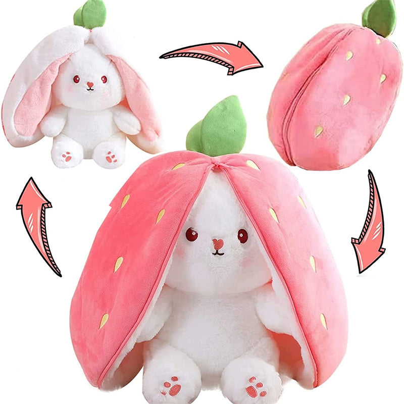 Hiding bunny plushie shown three ways: bunny out, half tucked in the strawberry, and fully zipped into a plush strawberry