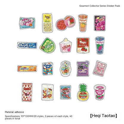 20 colorful die-cut food and drink stickers of packaged snacks and fruit cups on white background.