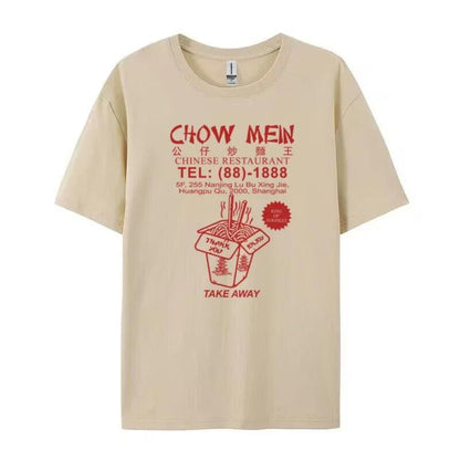 One beige short-sleeve T-shirt with red 'CHOW MEIN' text and a red takeout-box graphic showing a phone number.