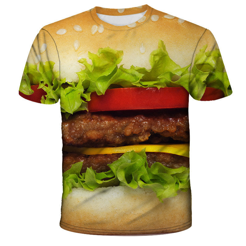 3D t-shirt featuring a realistic hamburger design with lettuce, tomato, and cheese on a sesame seed bun.
