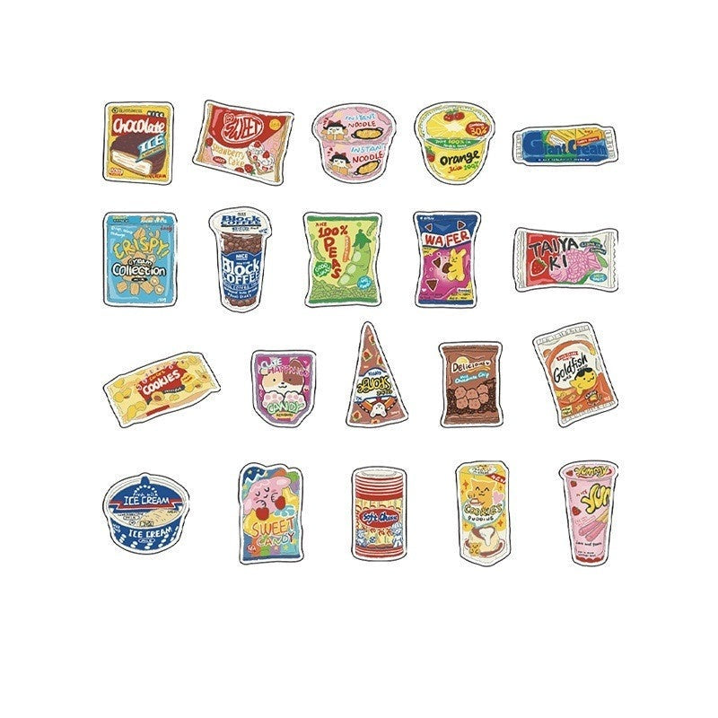 Crisps and snacks stickers: twenty colourful packets, cups and snack designs on white