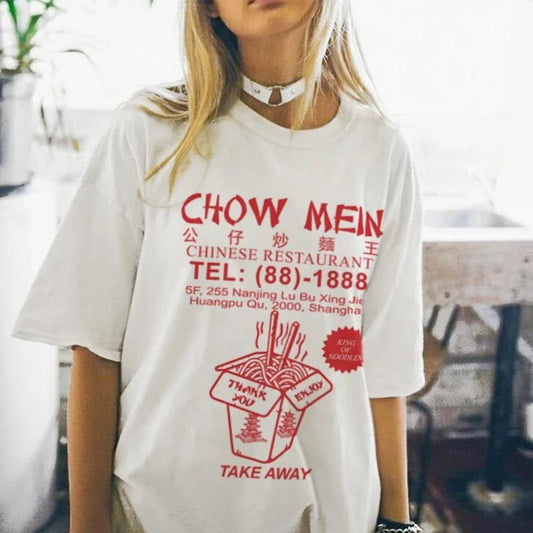 One white oversized t-shirt with red "CHOW MEIN" restaurant print and a takeout box graphic labeled "TAKE A...