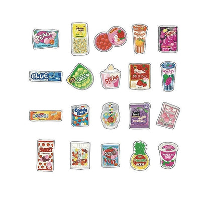Sweets and treats stickers: twenty colourful sweets, fruit cups and treat designs on white