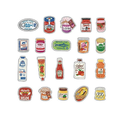 Sauces and tins stickers: twenty colourful jars, bottles, tins and sauce designs on white