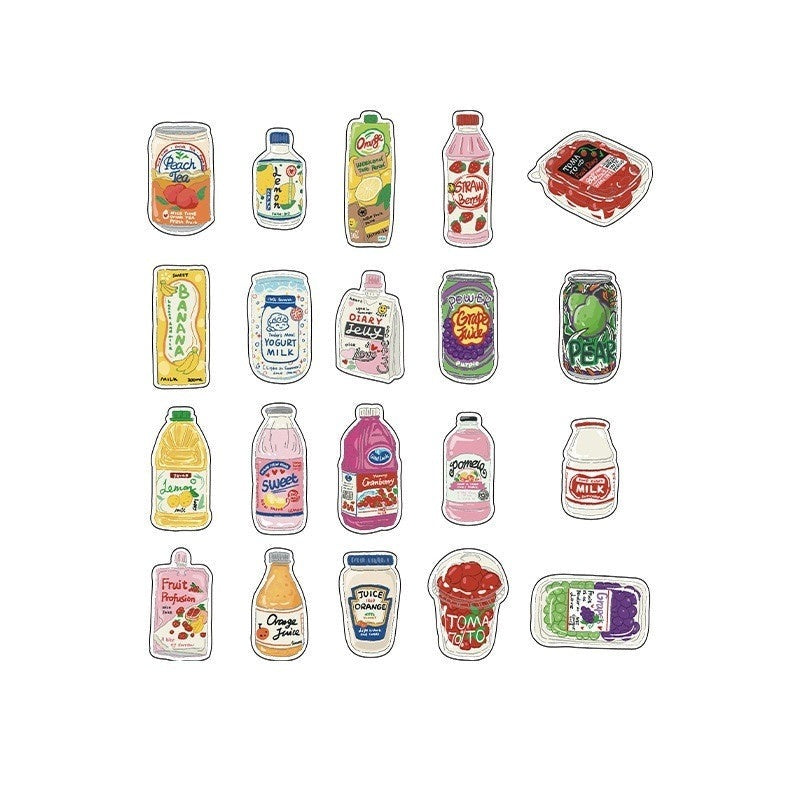 Drinks and juices stickers: twenty colourful bottles, cans and cartons on white