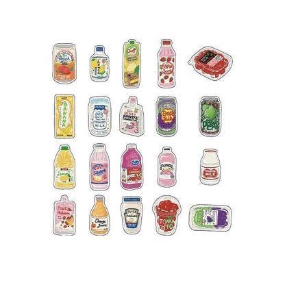 Drinks and juices stickers: twenty colourful bottles, cans and cartons on white