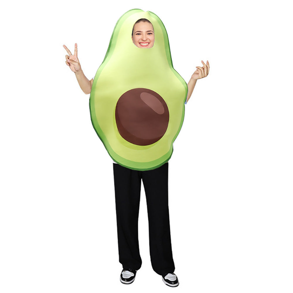 A grown-up dressed as a halved avocado with a big brown pip food costume