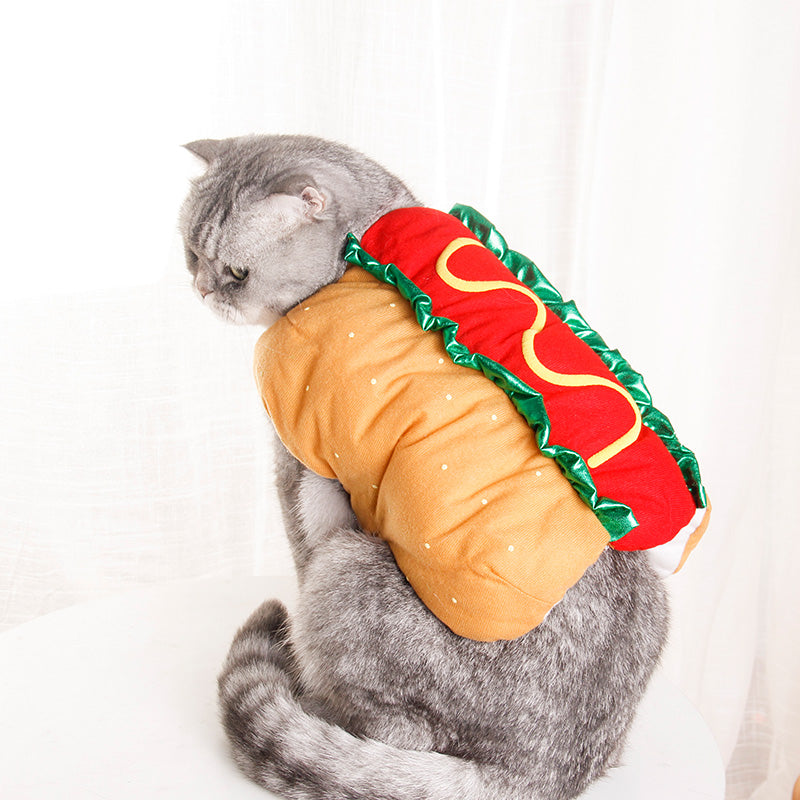Grey cat wearing the hot dog costume
