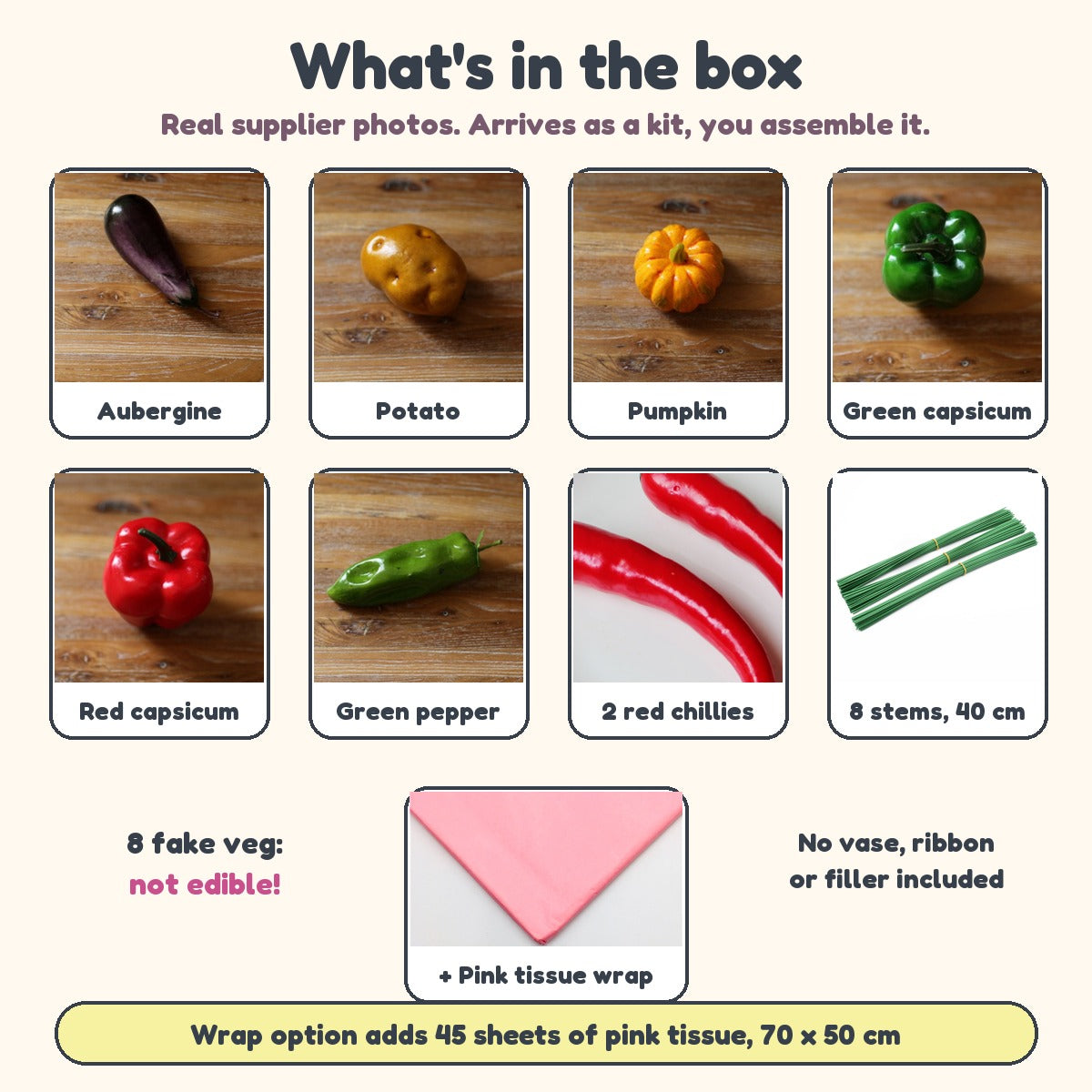 What's in the box: 8 fake veg (aubergine, potato, pumpkin, green capsicum, red capsicum, green pepper, 2 red chillies), 8 green wire stems, plus pink tissue with the wrap option. Arrives as a kit to assemble
