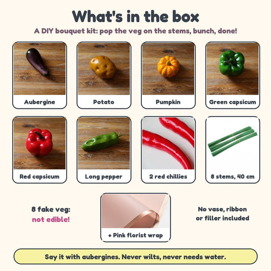 What's in the box: 8 fake veg (aubergine, potato, pumpkin, green capsicum, red capsicum, long pepper, 2 red chillies), 8 green wire stems, plus 20 sheets of pink gold-edge florist wrap with the wrap option. Arrives as a kit to assemble