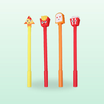 Four food gel pens with pizza, fries, toast and popcorn toppers side by side, on a mint background