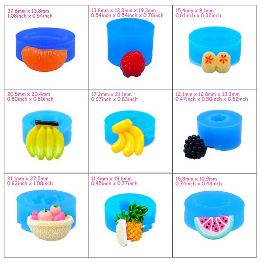 Nine blue round silicone molds in a 3x3 grid, each paired with a small colorful fruit-shaped charm.