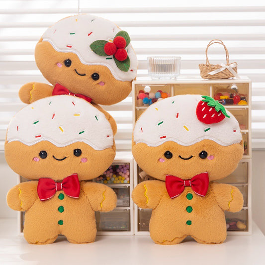 Three frosted gingerbread plushies on a shelf