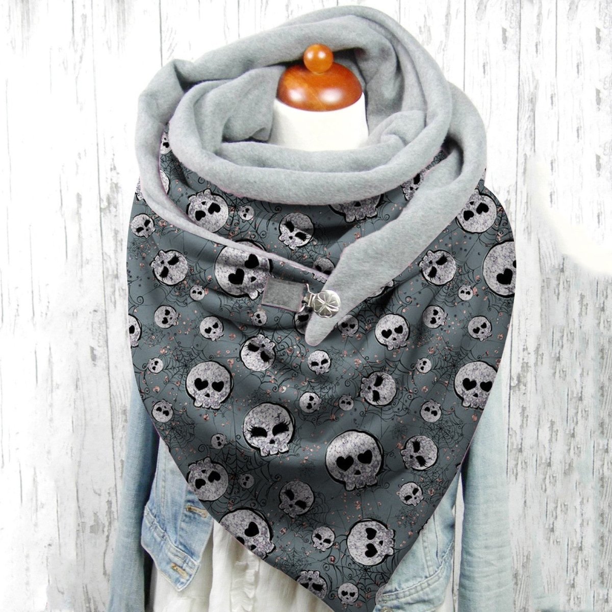 Female Plush Skull Print Long Halloween Button Bib - 0 - Scribble Snacks