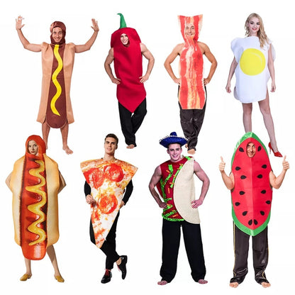 Variety of food costumes for adults and kids, including hot dog, chilli, bacon, egg, pizza, taco, and watermelon.